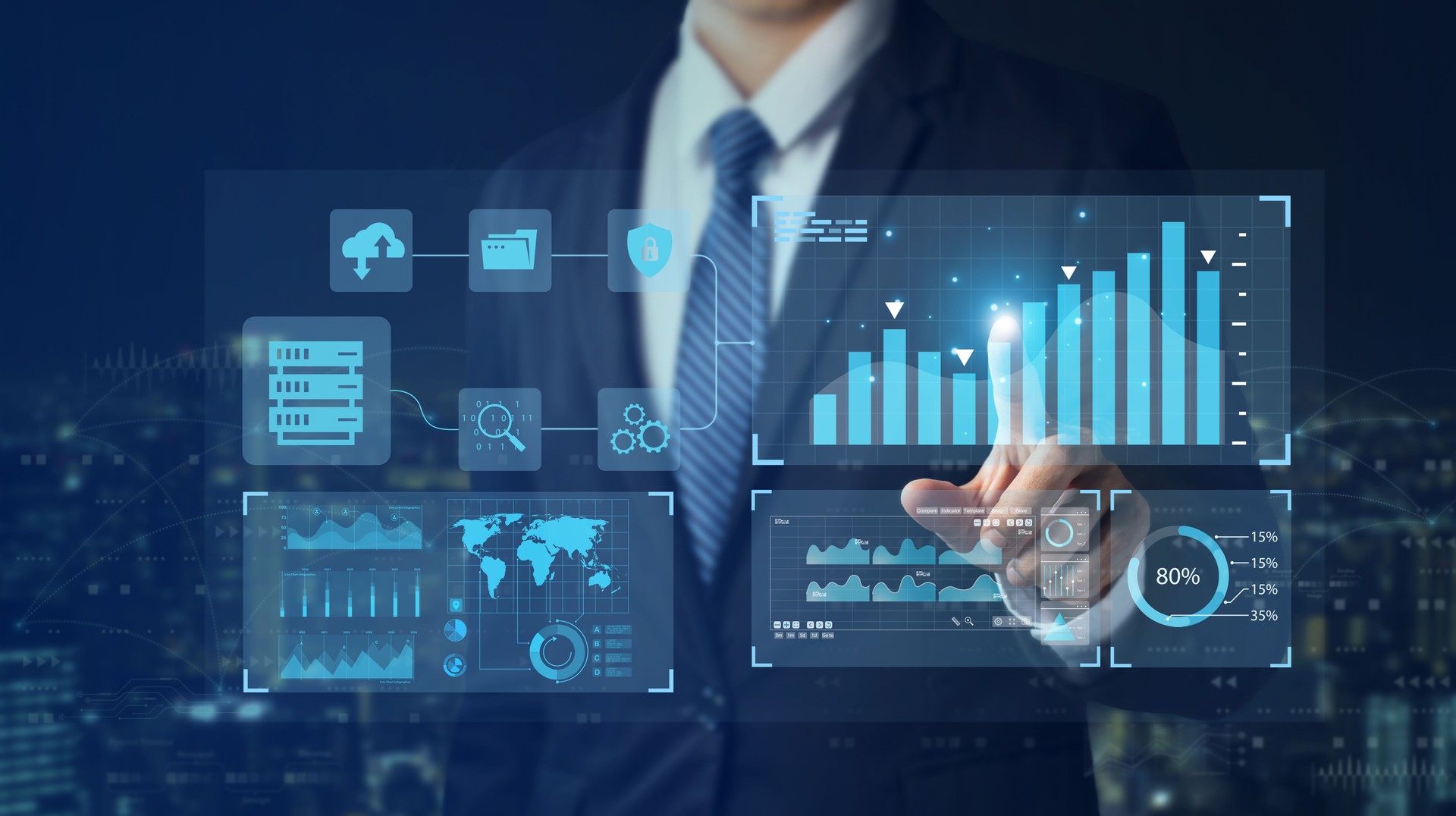 Data Management System (DMS) and Business Analytics. businessman  working on a virtual computer connected to dashboard to provide information for Key Performance Indicators (KPI), marketing analysis